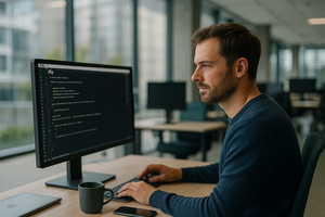 Ein konzentrierter Entwickler sitzt in einem modernen Büro vor einem großen Monitor und arbeitet an PHP-Code. Die Umgebung ist hell, minimalistisch und professionell, mit klarer Sicht auf weitere Arbeitsplätze im Hintergrund.