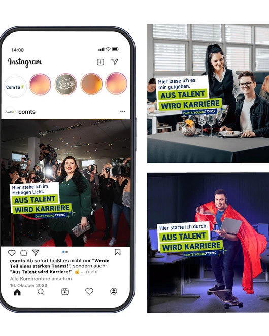 Eine Instagram-Ansicht der „Youngstars“-Kampagne mit auffälligen Visuals. Die Motive zeigen eine junge Frau im Rampenlicht, einen lächelnden Mann mit einem roten Cape und ein modernes Arbeitsumfeld. Textbotschaft: „Aus Talent wird Karriere“.