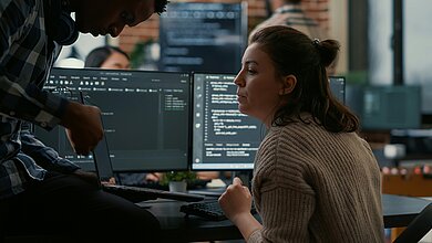 Softwareentwicklung im Open-Source-Kontext: Zusammenarbeit an individuellen Plattformlösungen Zwei Entwickler arbeiten gemeinsam an Code und entwickeln individuelle Softwarelösungen in einer Open-Source-Umgebung