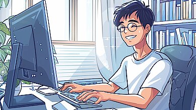 Illustration einer lächelnden Person am Computer, die zufrieden auf den Bildschirm blickt – Sinnbild für eine erfolgreiche und nutzerfreundliche KI-gestützte Suche.