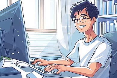 Illustration einer lächelnden Person am Computer, die zufrieden auf den Bildschirm blickt – Sinnbild für eine erfolgreiche und nutzerfreundliche KI-gestützte Suche.