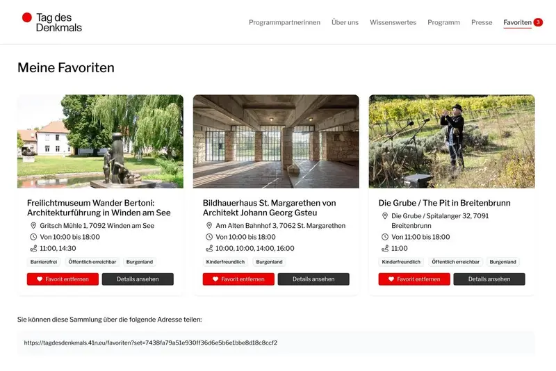 Favoritenliste mit persönlichem Link zum Teilen Screenshot der Favoritenliste auf der Website zum Tag des Denkmals mit drei gespeicherten Denkmälern, inklusive Adressen, Öffnungszeiten und Buttons für Details und Entfernen.
