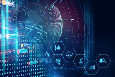Digitale Datenarchitektur und Produktdatenmanagement in modernen Industrieunternehmen Visualisierung eines digitalen Datennetzwerks und globaler Datenstrukturen als Symbol für Datenarchitektur und Produktdatenmanagement.