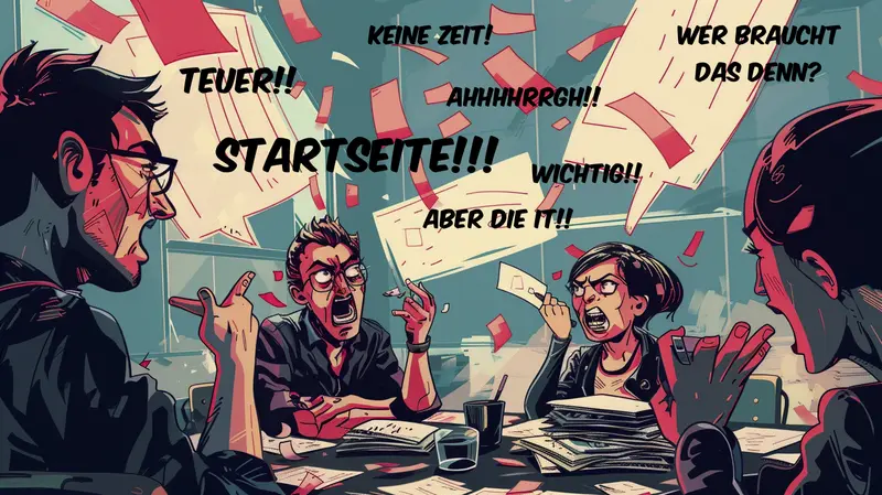 Chaos im Relaunch-Projekt: jede Abteilung fordert etwas anderes. Mehrere Hochschulvertreter streiten laut über die Startseite einer Website.