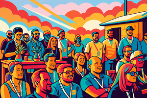 Stilisiertes, farbenfrohes Pop-Art-Illustrationsbild einer Gruppe von Teilnehmenden beim Head in the Cloud Summit. Menschen stehen und sitzen lächelnd unter freiem Himmel mit Sonnenuntergang, Namensschildern und lockerer Event-Atmosphäre.