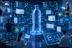 Komplexe Produktdaten in der PET-Verpackungsindustrie Digitale Illustration einer PET-Flasche im Zentrum komplexer Datenströme: Um sie herum arbeiten mehrere Personen mit schwebenden Produktdaten, ESG-Berichten, Zertifikaten, Tabellen und Freigabeprozessen.