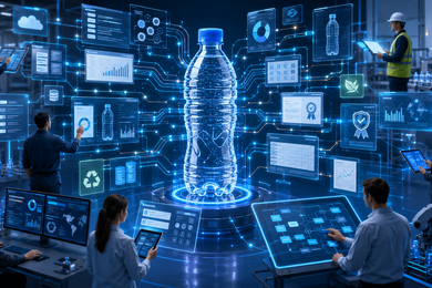 Complex product data in the PET packaging industry A digital illustration of a PET bottle at the centre of complex data flows: around it, several people are working with floating product data, ESG reports, certificates, spreadsheets and approval processes.