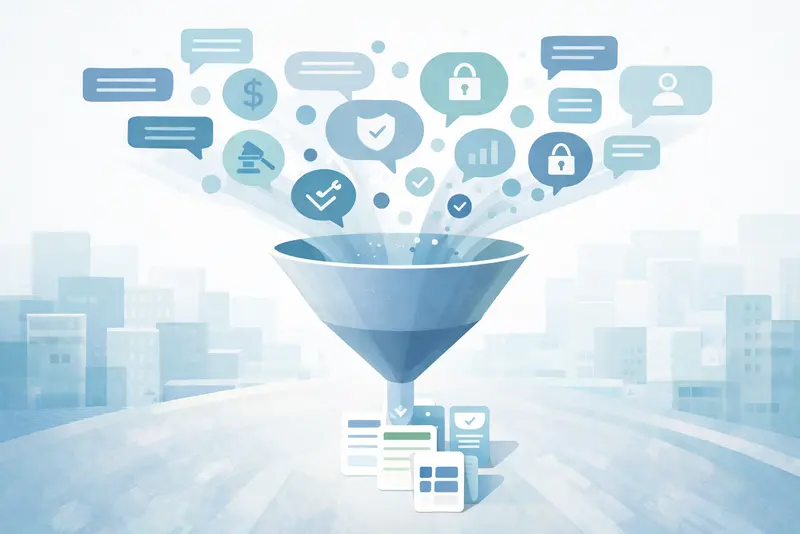 Stakeholder-Management: Feedback strukturieren und priorisieren Illustration eines Trichters, in den verschiedene Sprechblasen und Symbole für Stakeholder-Feedback einfließen. Am unteren Ende entstehen strukturierte und priorisierte Ergebnisse, die Entscheidungen im Projekt darstellen.