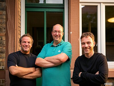 MONOBLOC® wird neuer +Pluswerk Standort in Heidelberg Frank Deutschmann, Jens Krumm und Sebastian Lulay stehen gemeinsam vor dem Sitz von MONOBLOC® in Heidelberg.