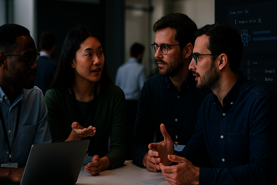 Four diverse developers are sitting at a table having a focused discussion at a tech event. Laptops are open, and a modern UI with code and data icons is visible in the background.