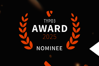 TYPO3 Award Nominee 2025 Badge Graphic showing the TYPO3 Award 2025 Nominee badge. The design features orange laurel branches and the TYPO3 logo on a dark background, highlighting a project’s nomination for the TYPO3 Awards 2025.